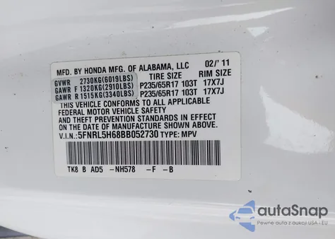 2011 Honda Odyssey Ex-L z USA, uszkodzony, nr VIN 5FNRL5H68BB052730